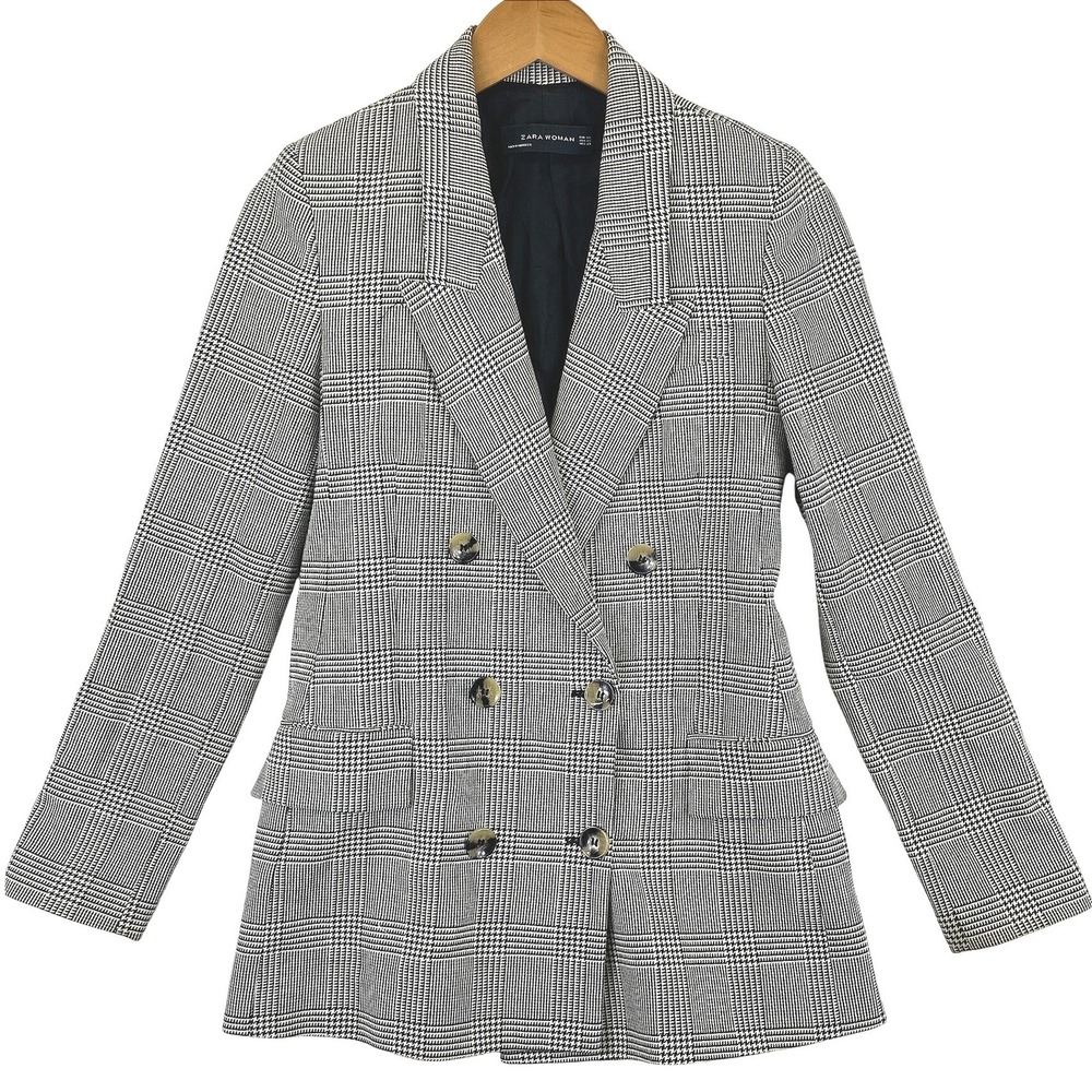 Zara Women's XS Glen Plaid Double Breasted Blazer Jacket Grey Office Work